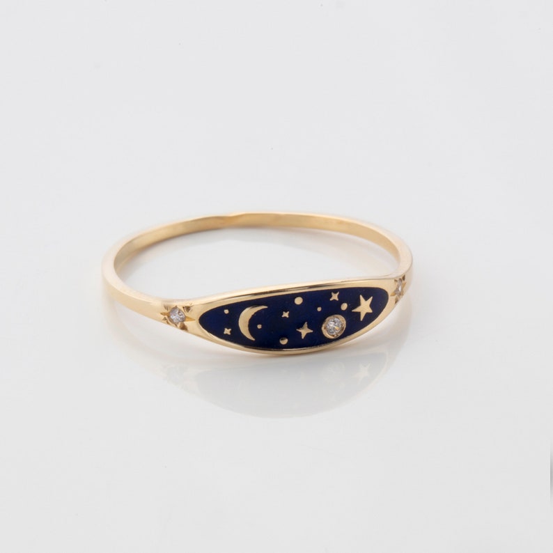Sky Ring, Gouden Hemelse Emaille Ring, Moon Star Planet Night Space Sieraden, Moederdag Cadeau afbeelding 4