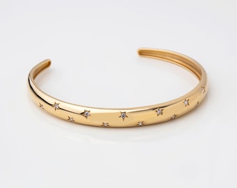 Stella Stone Star String 14K Solid Gold Bangle Bracelet, Asymmetric Minimal and Delicate Vintage Inspired Bangle