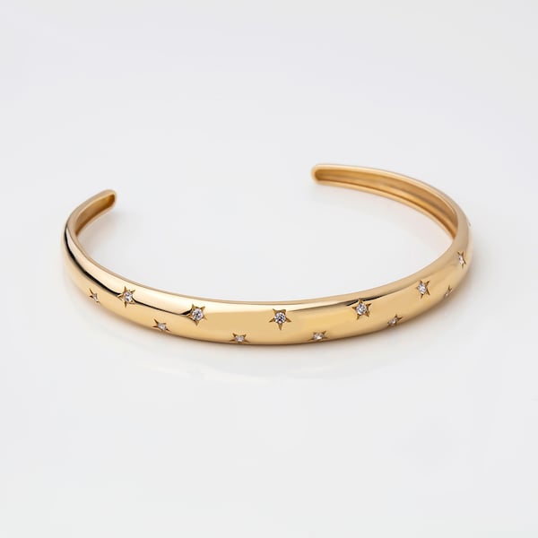 Stella Stone Star String 14K Solid Gold Bangle Bracelet, Asymmetric Minimal and Delicate Vintage Inspired Bangle
