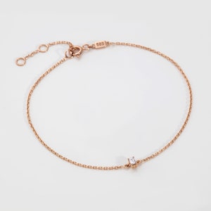 14K Solid Gold Baguette Diamond Bracelet, Diamond Solitaire Bracelet, Minimalist Chain, Dainty Fine Jewelry