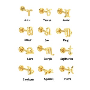 Zodiac Sign Piercing, 14K Solid Gold Piercing, Helix Cartilage Earring, Minimalist Stud Jewelry, Minimalist gift, Perfect Gift, Gift for her