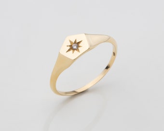 14K Solid Gold Signet Ring, Pentagon Star Seal Ring, Dainty Starburst Gold Ring, Minimalist Jewelry, Mothers Day Gift