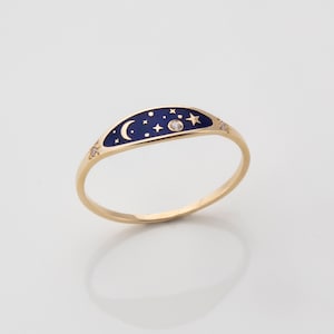 Sky Ring, Gold Celestial Enamel Ring, Moon Star Planet Night Space Jewelry, Mothers Day Gift