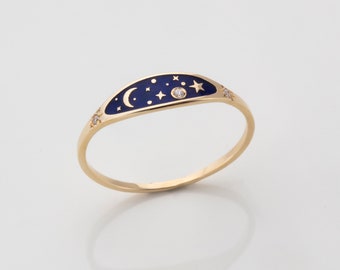 Anillo del cielo, anillo de esmalte celestial de oro, joyería espacial nocturna del planeta estrella lunar, regalo del Día de las Madres