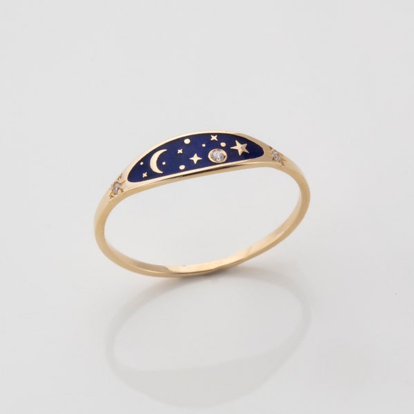 Sky Ring, Gold Celestial Enamel Ring, Moon Star Planet Night Space Jewelry, Mothers Day Gift