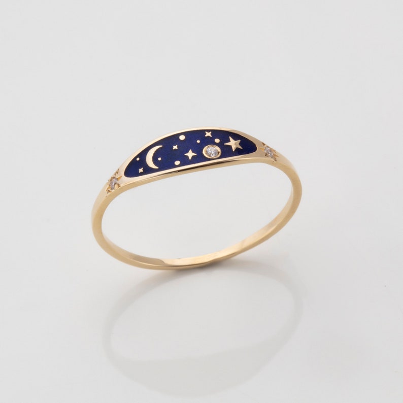 Sky Ring, Gold Celestial Enamel Ring, Moon Star Planet Night Space Jewelry, Mothers Day Gift image 1