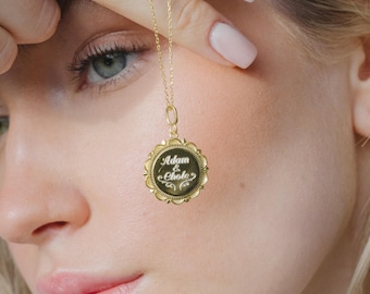 Personalized Scalloped Circle Pendant Necklace, Custom Engraved Plate Sterling Silver and Solid Gold Option