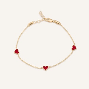 Red Heart Enamel Bracelet, Three Hearts Enamel Bracelet 925 Silver and 14K Solid Gold Options