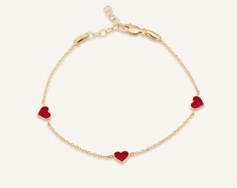 Red Heart Enamel Bracelet, Three Hearts Enamel Bracelet 925 Silver and 14K Solid Gold Options