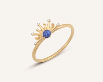 14K Solid Gold Crown Ring - Blue CZ Tiara Ring, Dainty Princess Jewelry, Minimalist Queen Ring, Royal Fine Jewelry Gift for Her