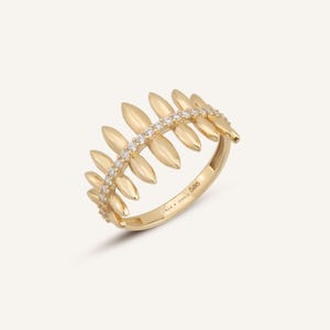 14K Solid Gold Olive Leaf Ring - Greek-Inspired CZ Ring, Dainty Gold Band, Laurel Wreath Ring, Textured Gold Jewelry, Gift for Her