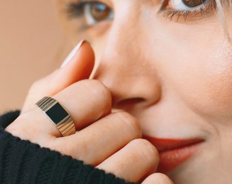 Gold Signet Ring, Black Enamel Gold Unisex Elegant Ring, Square Black Pinky Ring for Men, Women
