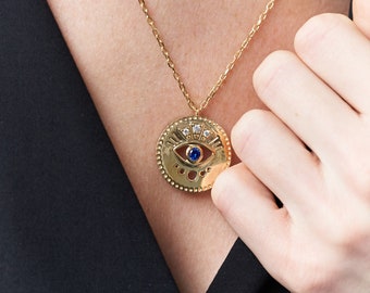 Evil Eye Coin Necklace, Medallion Protector Pendant, Third Eye Layering Necklace, Gift For Her, Trend Jewelry