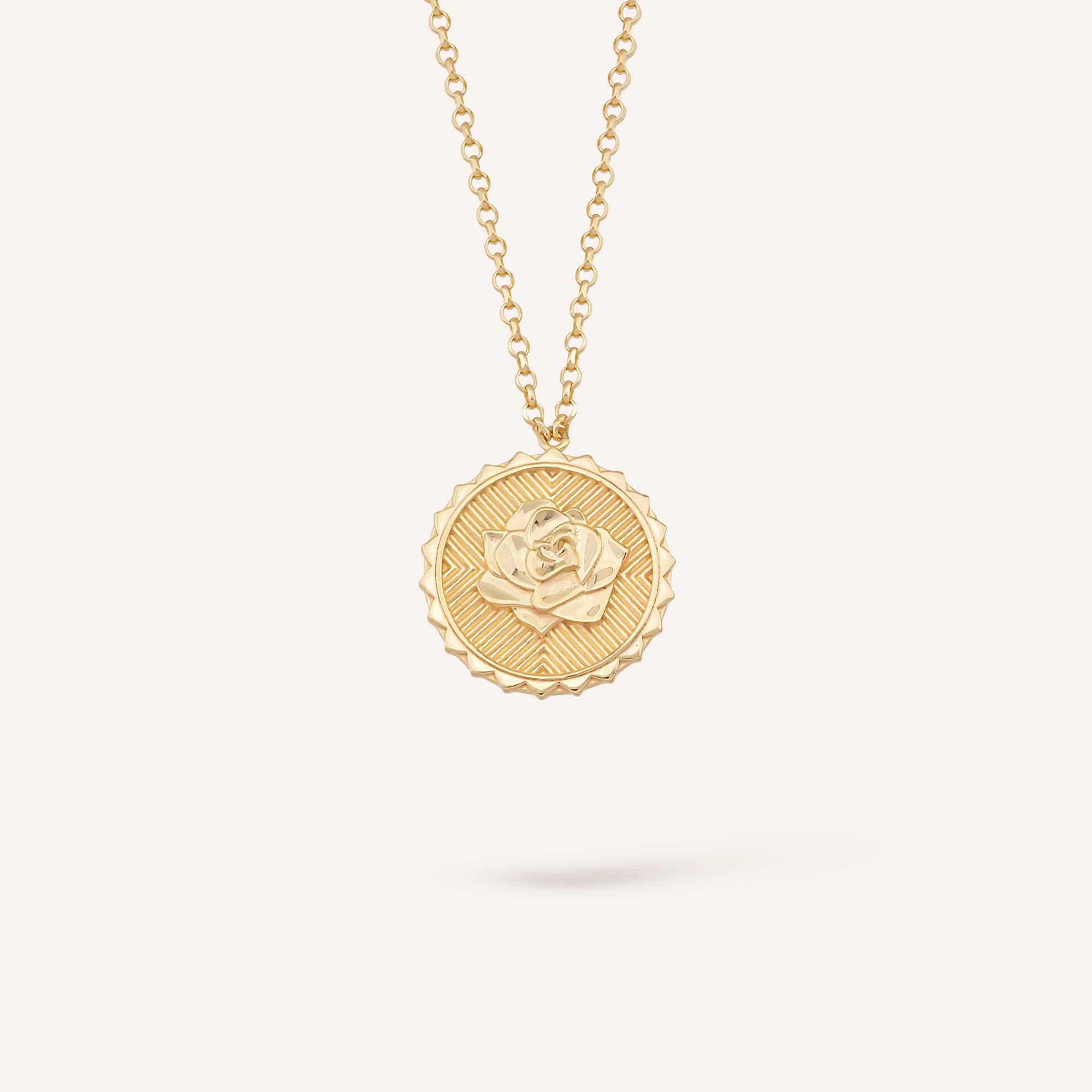 Gold Rose Medallion Necklace - 14K Gold Plated Floral Pendant, Vintage Style Coin Necklace, Elegant Jewelry for Women, Meaningful Gift