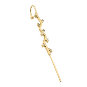 14K Solid Gold Cane Leaf Ear Climber Earrings, Spike Earrings, Edgy Pin Hook Ear Cuff, Piercing Jewelry