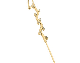 14K Solid Gold Cane Leaf Ear Climber Earrings, Spike Earrings, Edgy Pin Hook Ear Cuff, Piercing Jewelry