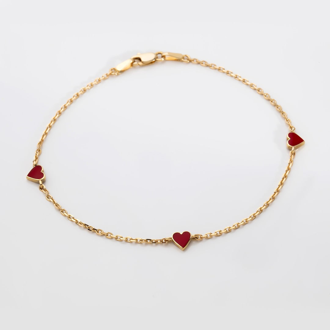 Red Heart Bracelet, 14K Solid Gold Bracelet, Heart Enamel Jewelry, Cute ...