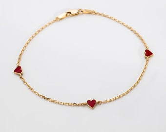 Red Heart Bracelet, 14K Solid Gold Bracelet, Heart Enamel Jewelry, Cute Bracelet, Dainty Gift for Her, Bridesmaid Gift