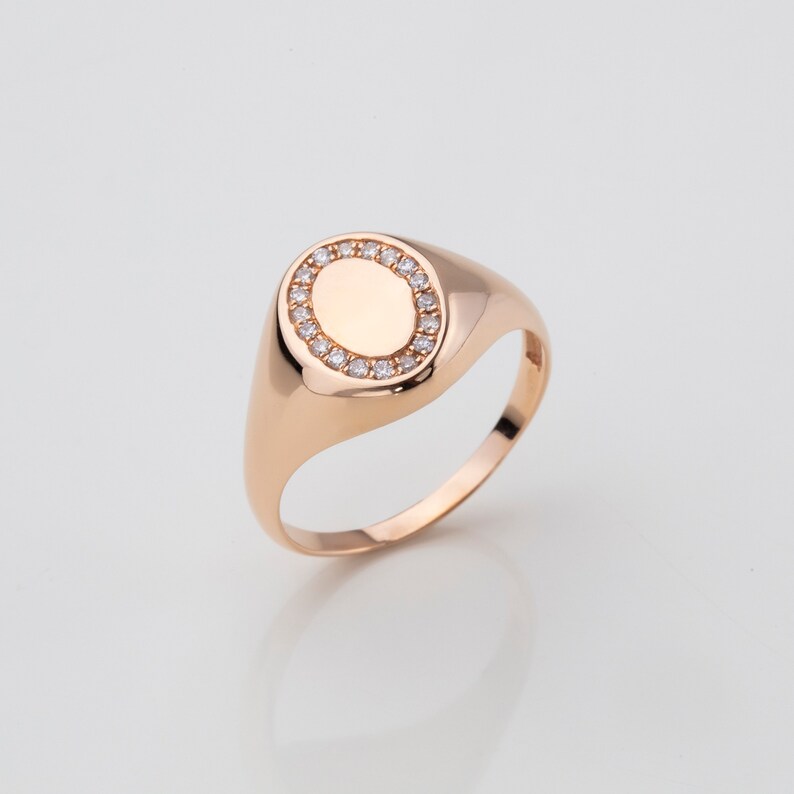 14K Solid Gold Diamond Signet Ring, Gold Seal Ring Women, Unique Jewelry, Minimalist gift, Perfect Gift, Gift for her image 2