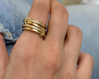 Gold Eternity Link Ring – 3 or 4 Band Chain Ring, 14K Gold Plated Adjustable Ring, Dainty Multi-Layer Statement Jewelry, Gift for Her