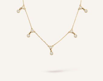Halsband med daggdroppsgirland, stationshalsband med CZ-bezel i 14 karat massivt guld, perfekta smycken för vardag och speciella tillfällen, present till henne