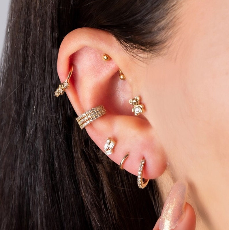 Teddy Bear Piercing, 14K Gold Tragus Piercing, Cartilage Helix Stud ...