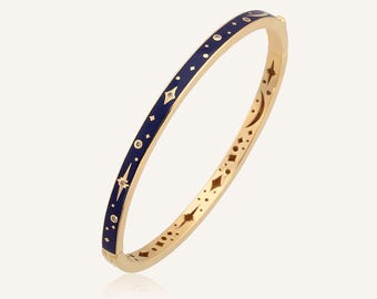 14k Solid Gold Celestial Star Bangle Bracelet, Blue Enamel Gold Cuff, Night Sky Bracelet