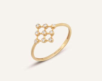 14K Solid Gold Geometric Grid Ring – Dainty Real Gold Diamond Pattern Ring, Minimalist Modern Ring, Unique Fine Jewelry Gift for Her