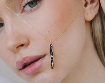 Sky Theme Vertical Necklace, Celestial Gold Pendant, Blue Enamel Moon Star Necklace, Starry Night Necklace, Silver, Gold Plated and 14k Gold