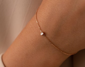 14K Solid Gold Baguette Diamond Bracelet, Diamond Solitaire Bracelet, Minimalist Chain, Dainty Fine Jewelry