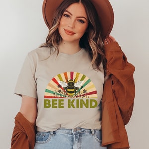 Bee Kind T-Shirt, bee tee, rainbow tee, retro tee, vintage inspired tee, floral tee, sunset, gift, women&#39;s tee