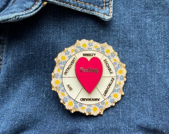 Introvert Ice Breaker Mood Spinner Pin With Intricate Floral Framing