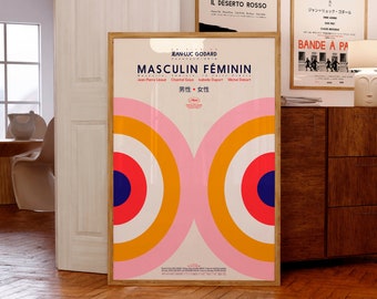 Masculin Féminin (1966) French Movie Poster | Jean-Luc Godard Japanese Film Print | Cannes Film Festival | Mid-Century Modern Movie Poster