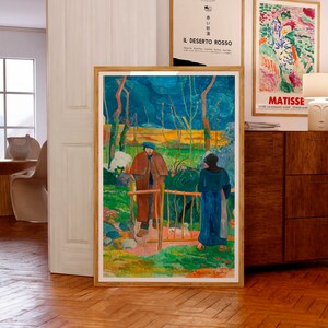 May include: A painting of two figures standing in a field. The figures are wearing long coats and hats. The background is a field of green grass and trees. The sky is blue with white clouds. The painting is done in a style that is reminiscent of Impressionism.