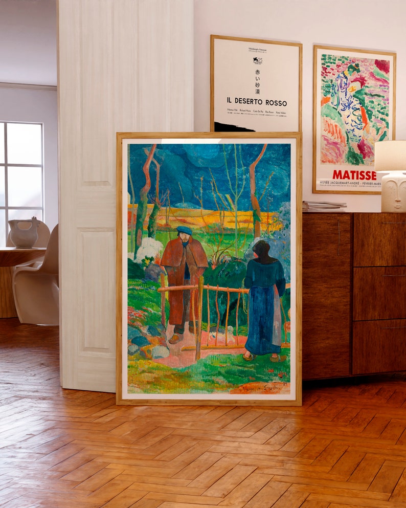 May include: A painting of two figures standing in a field. The figures are wearing long coats and hats. The background is a field of green grass and trees. The sky is blue with white clouds. The painting is done in a style that is reminiscent of Impressionism.