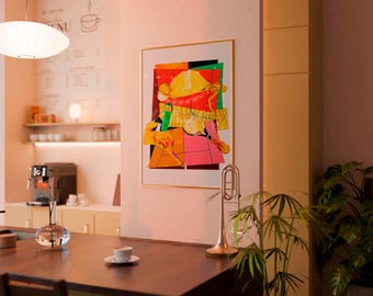 May include: A framed abstract art print with a gold frame, featuring vibrant colors like red, yellow, and pink. A gold trumpet and a small cup and saucer are on a dark wood surface. A coffee machine and menu are in the background.