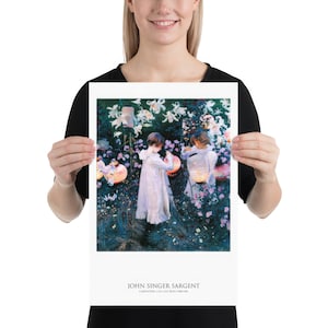 May include: A rectangular art print featuring John Singer Sargent's painting Carnation, Lily, Lily, Rose. The image depicts two children in white dresses lighting paper lanterns in a garden filled with white lilies and pink carnations at twilight.