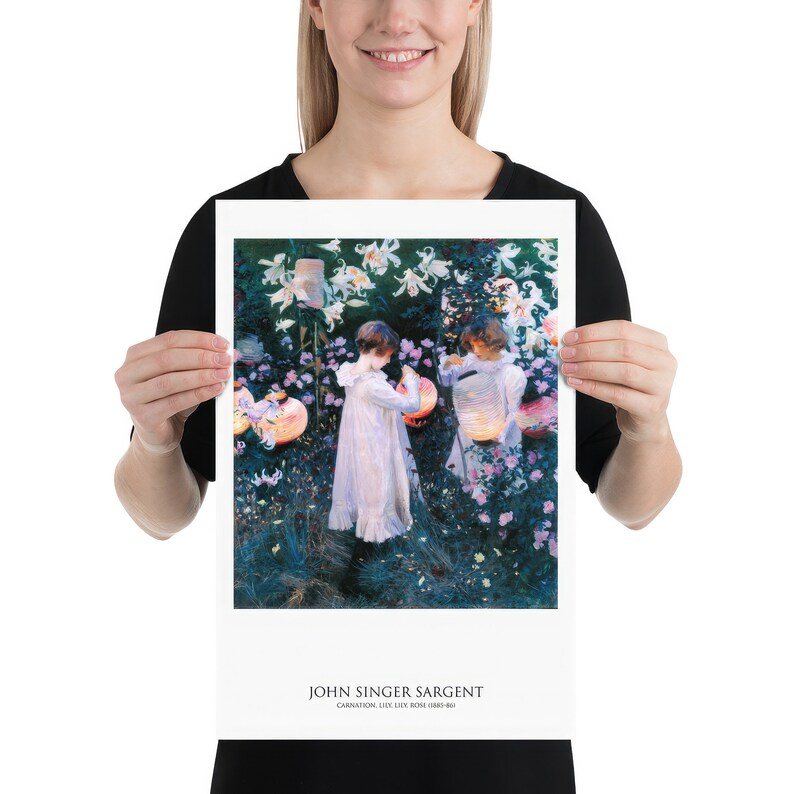 May include: A rectangular art print featuring John Singer Sargent's painting Carnation, Lily, Lily, Rose. The image depicts two children in white dresses lighting paper lanterns in a garden filled with white lilies and pink carnations at twilight.