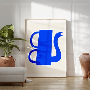 Moderne poster uit het midden van de eeuw | Blauwe koffiepotprint | Deense pastelafdrukken | Keukeninterieurontwerp | Idee voor verjaardagscadeau