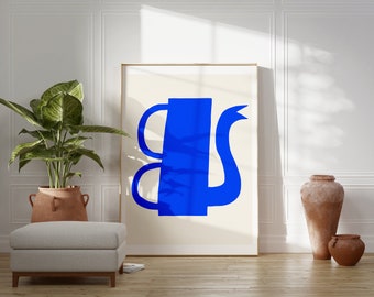 Moderne poster uit het midden van de eeuw | Blauwe koffiepotafdruk | Deense pastelafdrukken | Keukeninterieurontwerp | Idee voor verjaardagscadeau