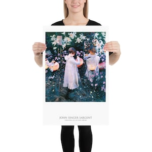 May include: A rectangular art print featuring John Singer Sargent's painting Carnation, Lily, Lily, Rose. The artwork depicts two children in white dresses lighting paper lanterns in a garden filled with white lilies and pink carnations.