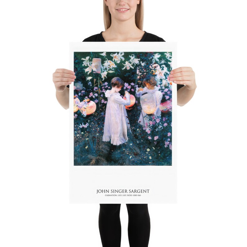 May include: A rectangular art print featuring John Singer Sargent's painting Carnation, Lily, Lily, Rose. The artwork depicts two children in white dresses lighting paper lanterns in a garden filled with white lilies and pink carnations.