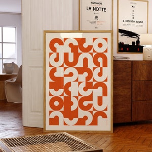 Pôster com padrão geométrico laranja moderno de meados do século | Decoração de parede abstrata moderna de meados do século | Ideia de presente de aniversário