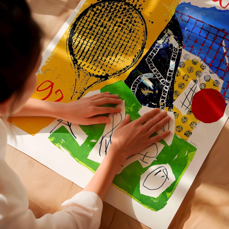 May include: An abstract art print with a tennis racket design, geometric shapes, and the number "92". The artwork uses yellow, green, blue, and red colours. The print is on a white background.