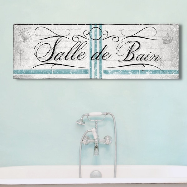 Salle De Bain Canvas Sign, French Bathroom Wall Art, French Country Wall Decor, Vintage Bathroom Wall Sign, Shabby Chic Bathtub, Bath Sign