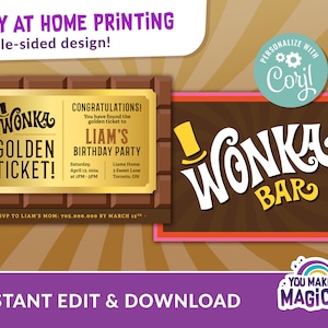 May include: Printable invitation for a birthday party with a Willy Wonka theme. The invitation features a chocolate bar with a golden ticket and the text "Wonka Golden Ticket!" and "Congratulations! You have found the golden ticket to Liam's Birthday Party". The back of the invitation features a brown chocolate bar with the text "Wonka Bar" in white.