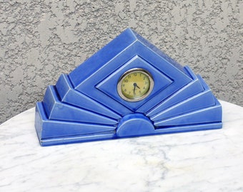 Art Deco fan clock, signed Saint-Clément France 1930', in earthenware with blue glaze