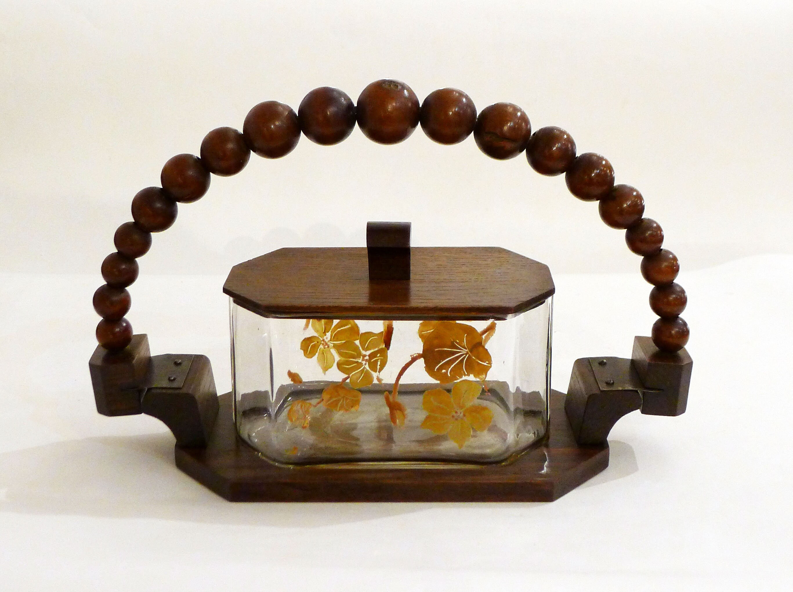 Grande Boite à Biscuits Bonbonnière Art Déco, Contenant en Verre & Plateau Bois avec Grande Anse Bou