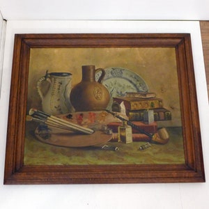 Painting Still life with painter&#39;s palette, oil on canvas late 19th century
