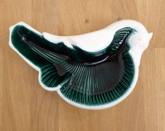 Stylized Bird Bowl, in radiant green & white midcentury earthenware